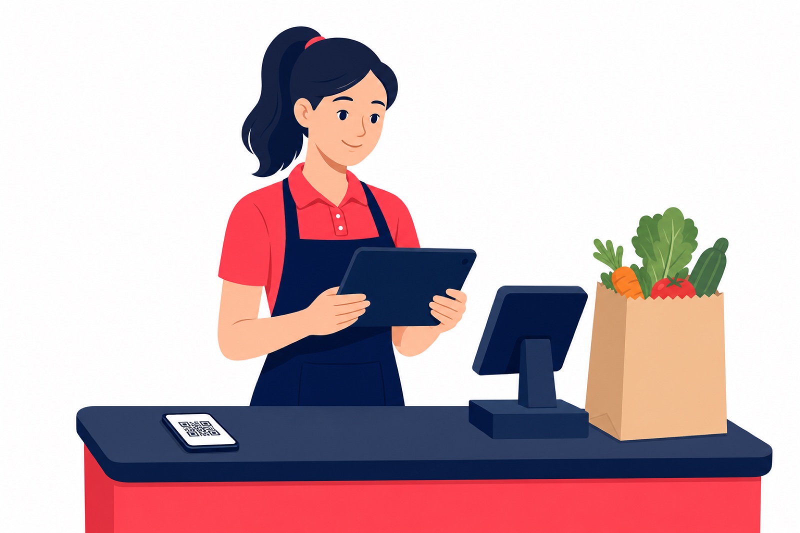 Ilustración de operación simple en caja con check-in QR